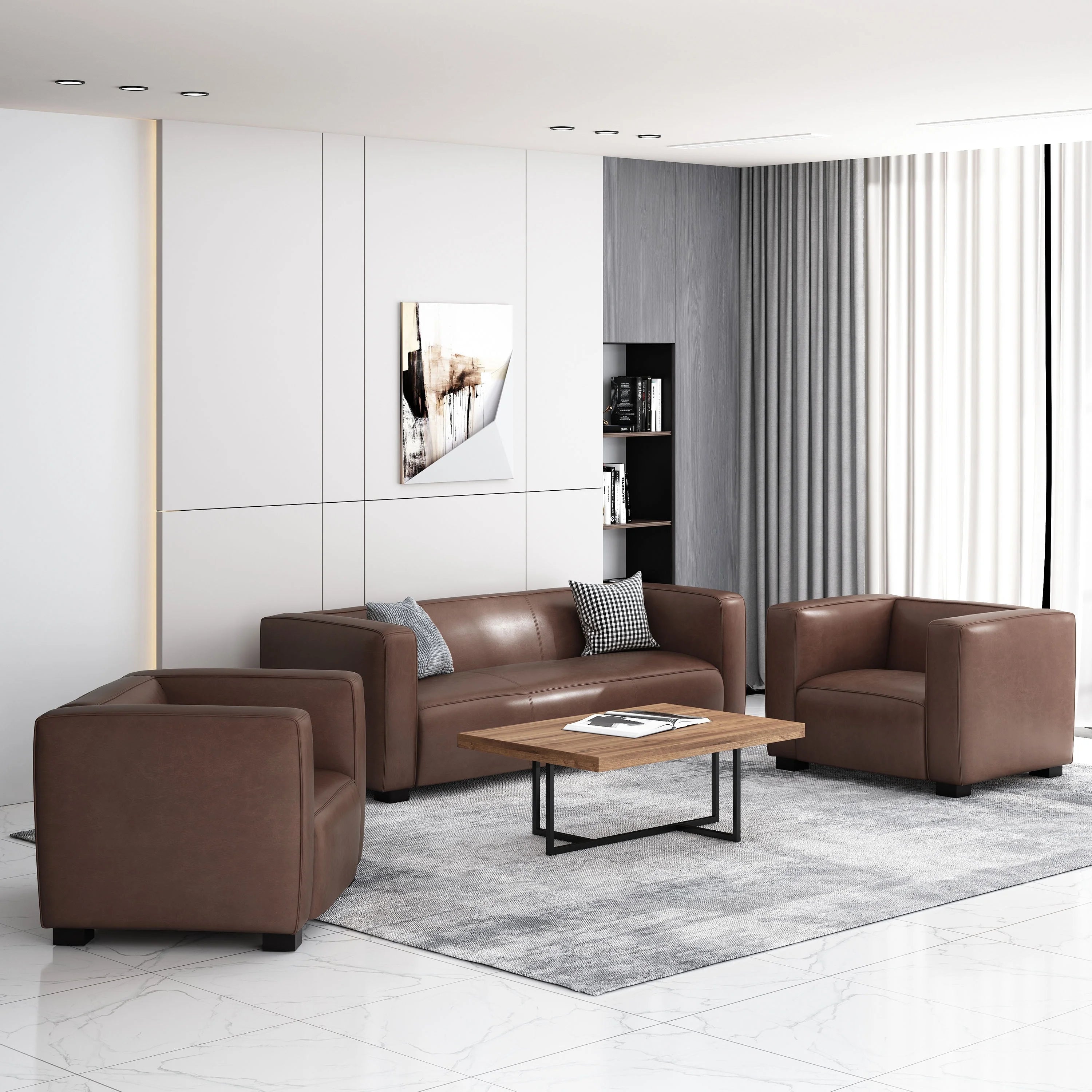 Cognac Brown Faux Leather 3 Piece Club Chair and Sofa Set Y2051