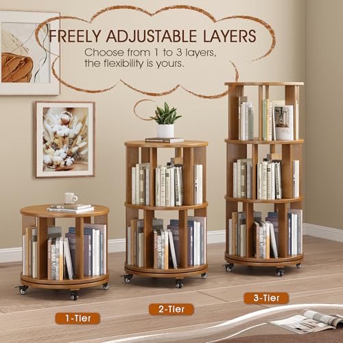 Walnut Solid Wood Rotating Bookshelf with Swivel Wheels O37649