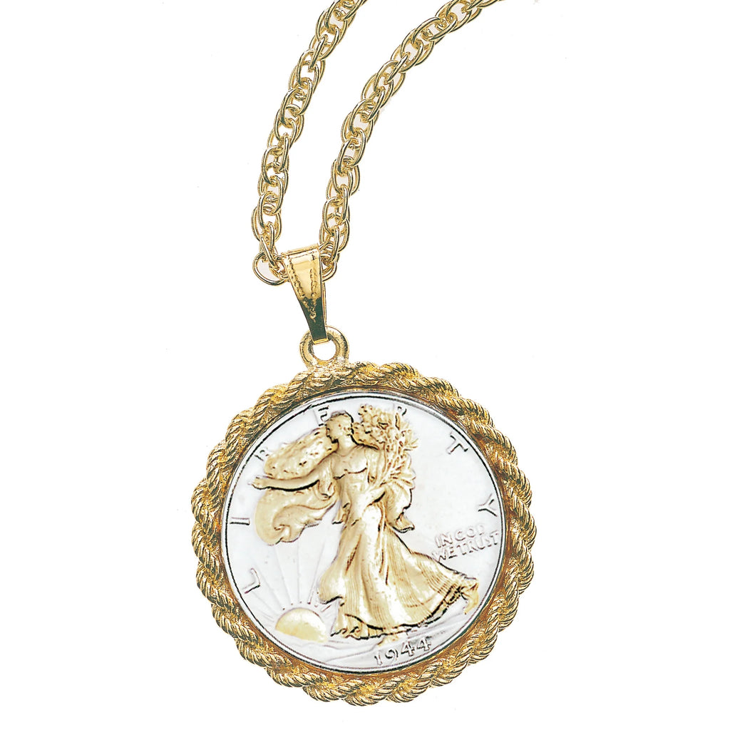 Coin Pendant Necklace Walking Liberty Half Dollar - 24 Inch Rope Chain K382