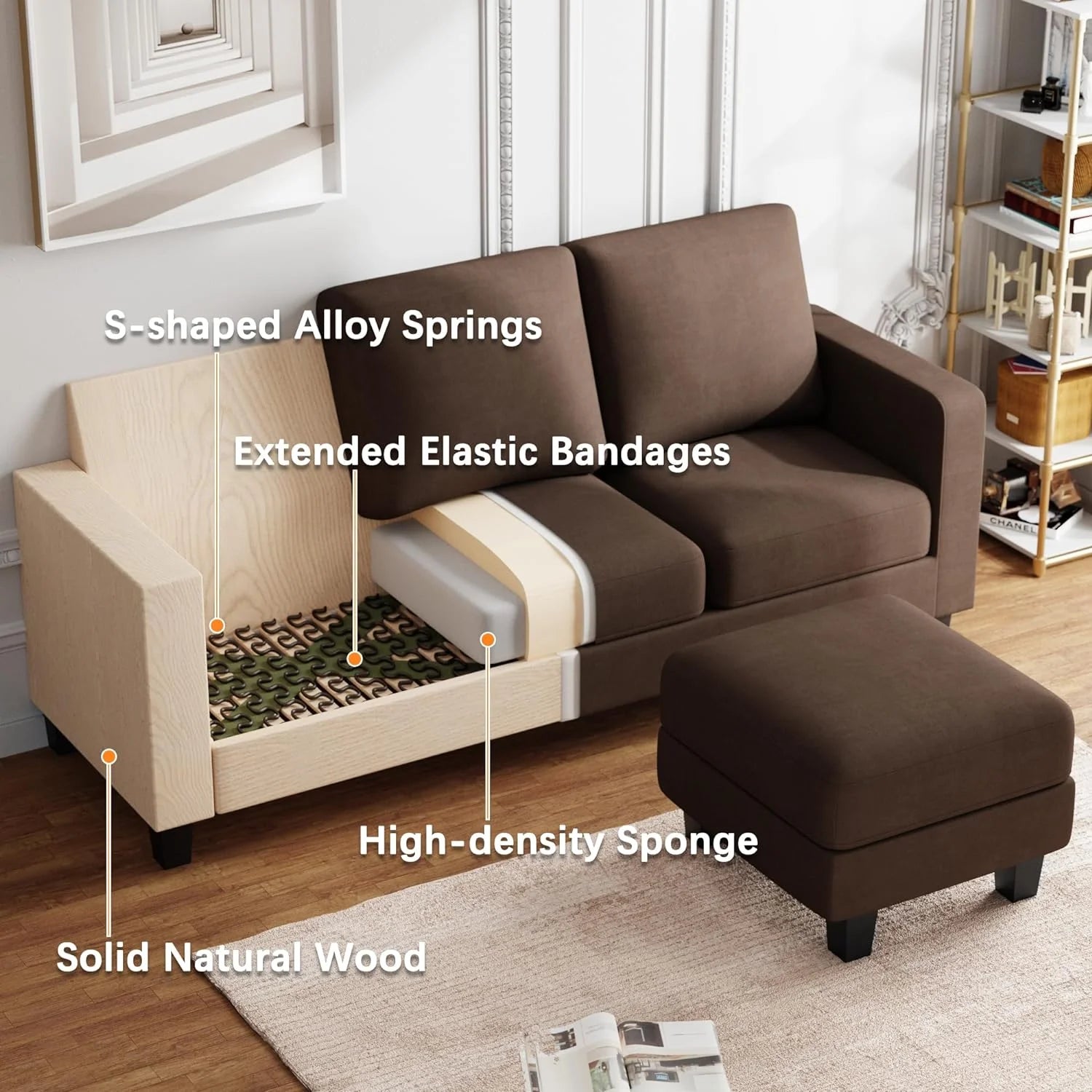 Brown L Shaped Fabric Sectional Sofa with Ottoman F990