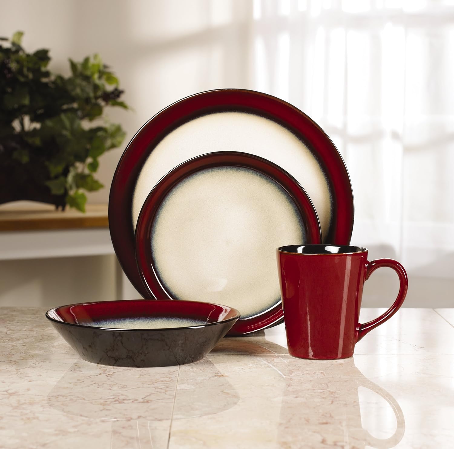 Red 16-Piece Stoneware Dinnerware Set D21282