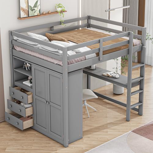 White Solid Wood Full Size Loft Bed with Desk and Drawers G222837