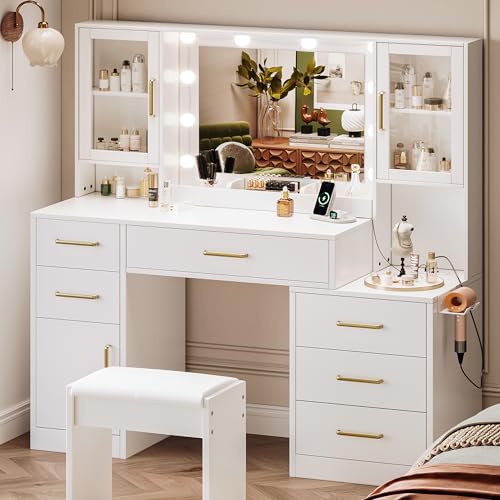 White Makeup Vanity Desk with Mirror & Lights and 5 Drawers D284257