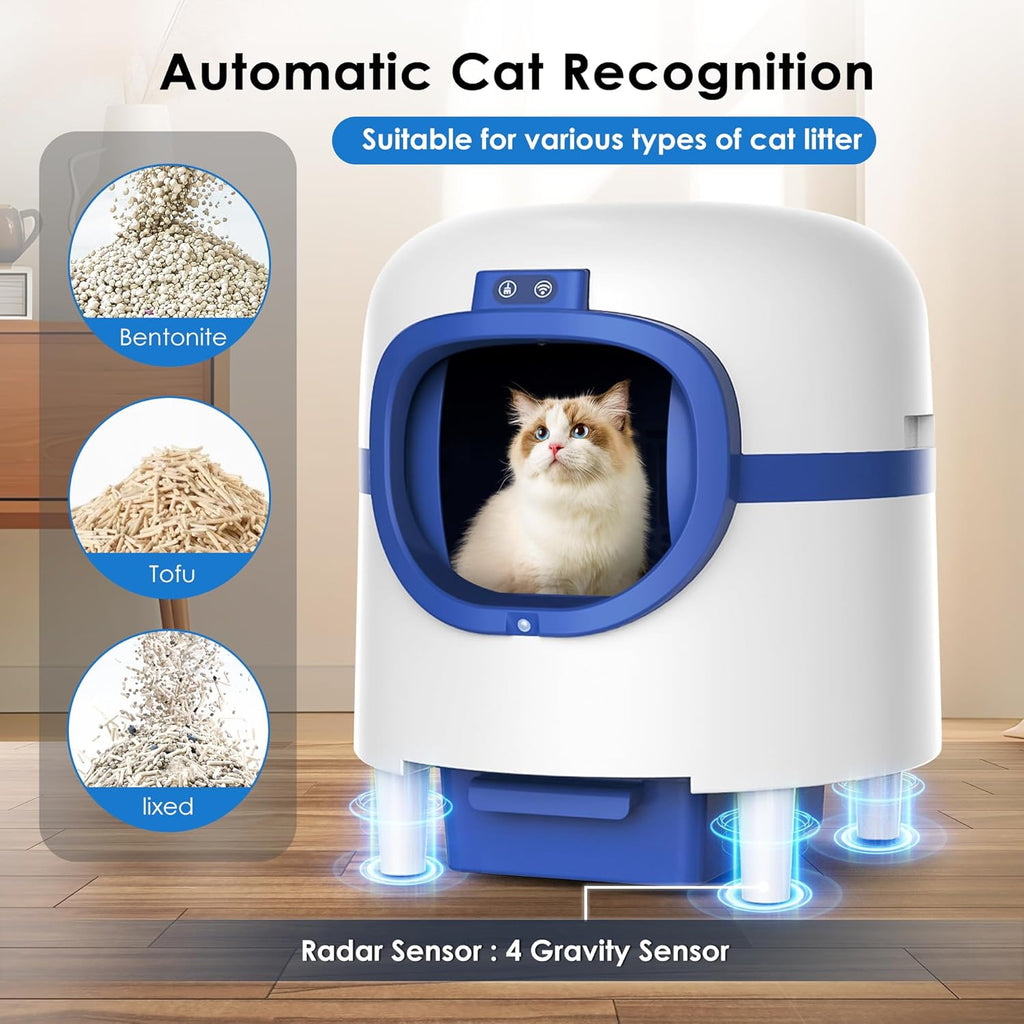 White & Blue Self Cleaning Automatic Cat Litter Box with 2 Rolls Garbage Bags D1709