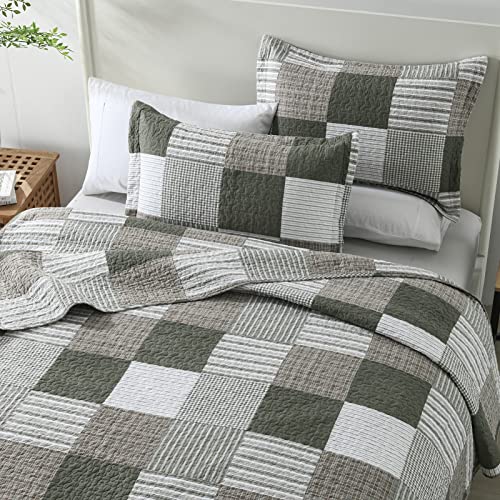 100% Cotton Navy Blue Grey Plaid Queen Size 3 Pieces Quilt V255778