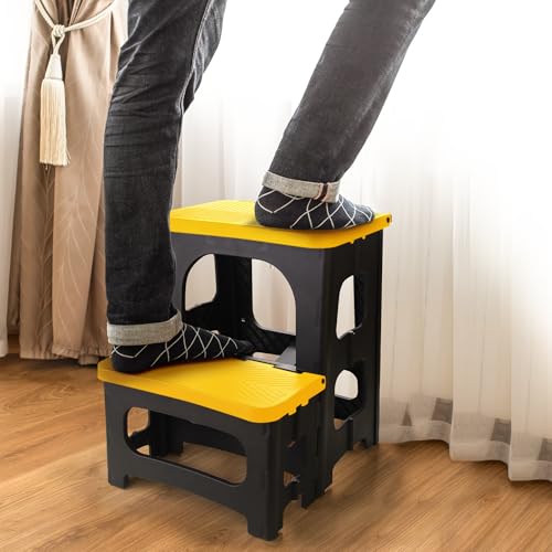 Folding 2-Step Stool, Non-Slip Portable Footstool 8" & 17" Dual Heights, Holds 300 lbs (Yellow) J4065