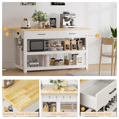 Solid Rubberwood Kitchen Island with Power Outlets, 2 Drawers & Open Shelves (Grey) J869