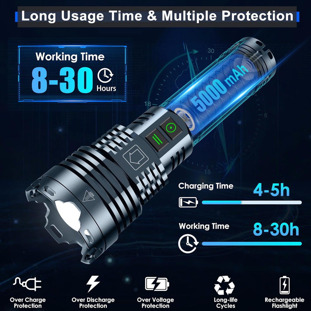 Rechargeable LED Tactical Flashlight, 2500000 Lumens, Waterproof, Zoomable N94153