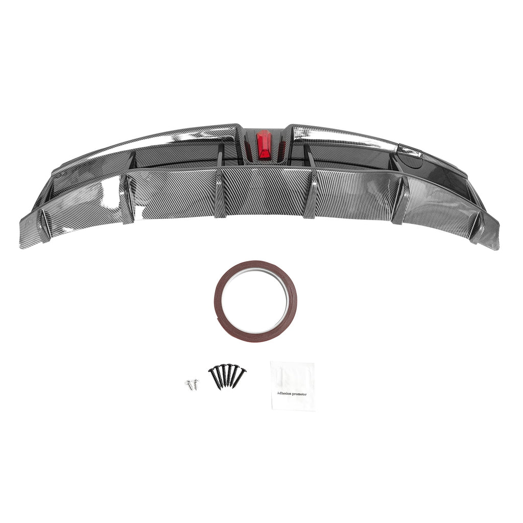 Rear Diffuser Lip for Tesla Model Y Sport 4-Door Carbon Fiber Print PP Rear Lower Bumper Protector Lip With LED Lamp S648680