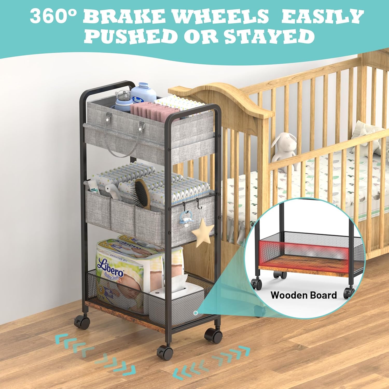 3-Tier Rolling Metal Diaper Cart with Dividers T246518