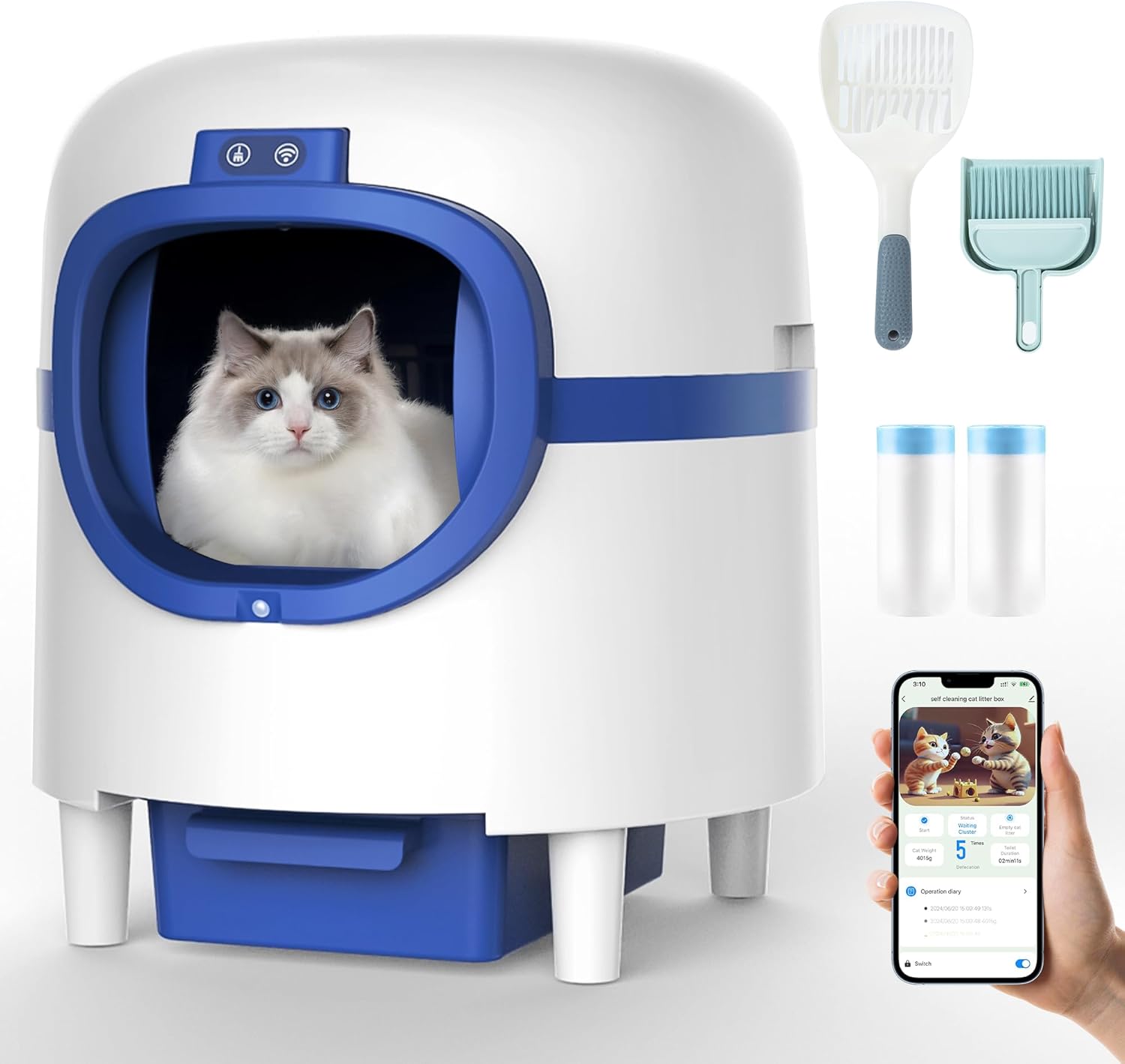 White & Blue Self Cleaning Automatic Cat Litter Box with 2 Rolls Garbage Bags D1709