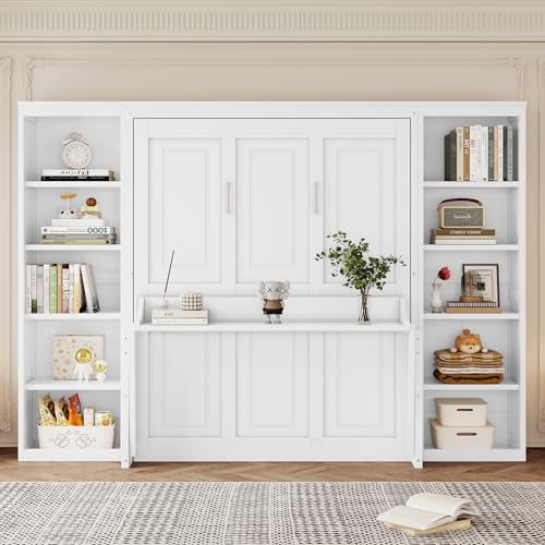 White Full Size Solid Murphy Bed with Desk and Shelves R582381