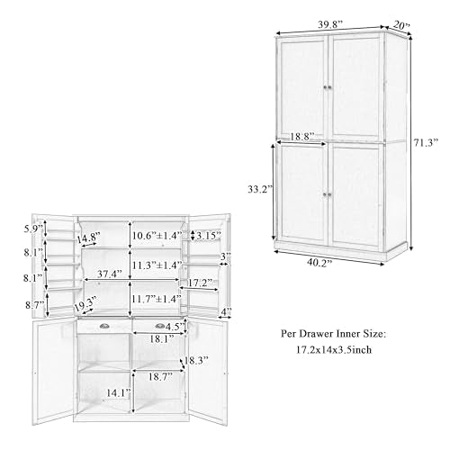 White Freestanding Tall Cupboard Storage Cabinet with 3 Adjustable Shelves and 3 Drawers J140856