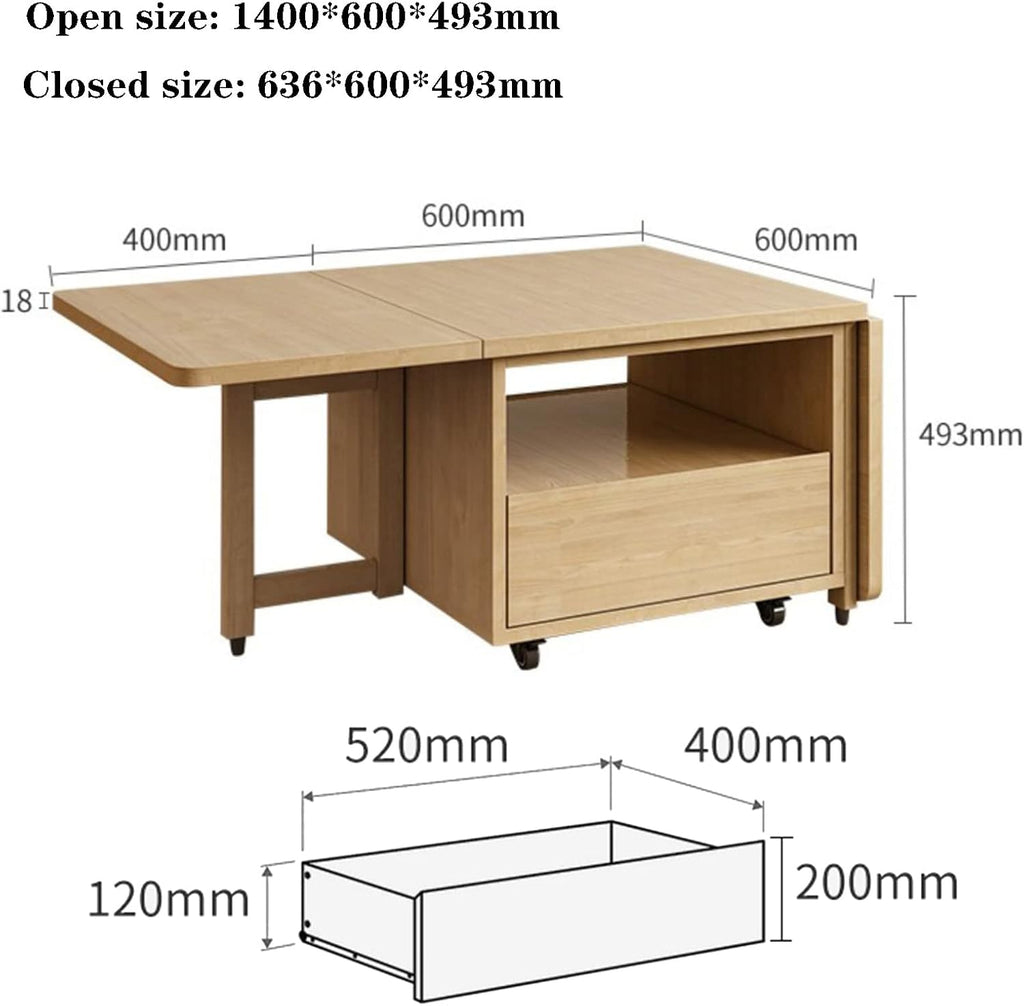 Solid Wood Drop-Leaf Folding Coffee Table with Rollers, 1.4m D84366