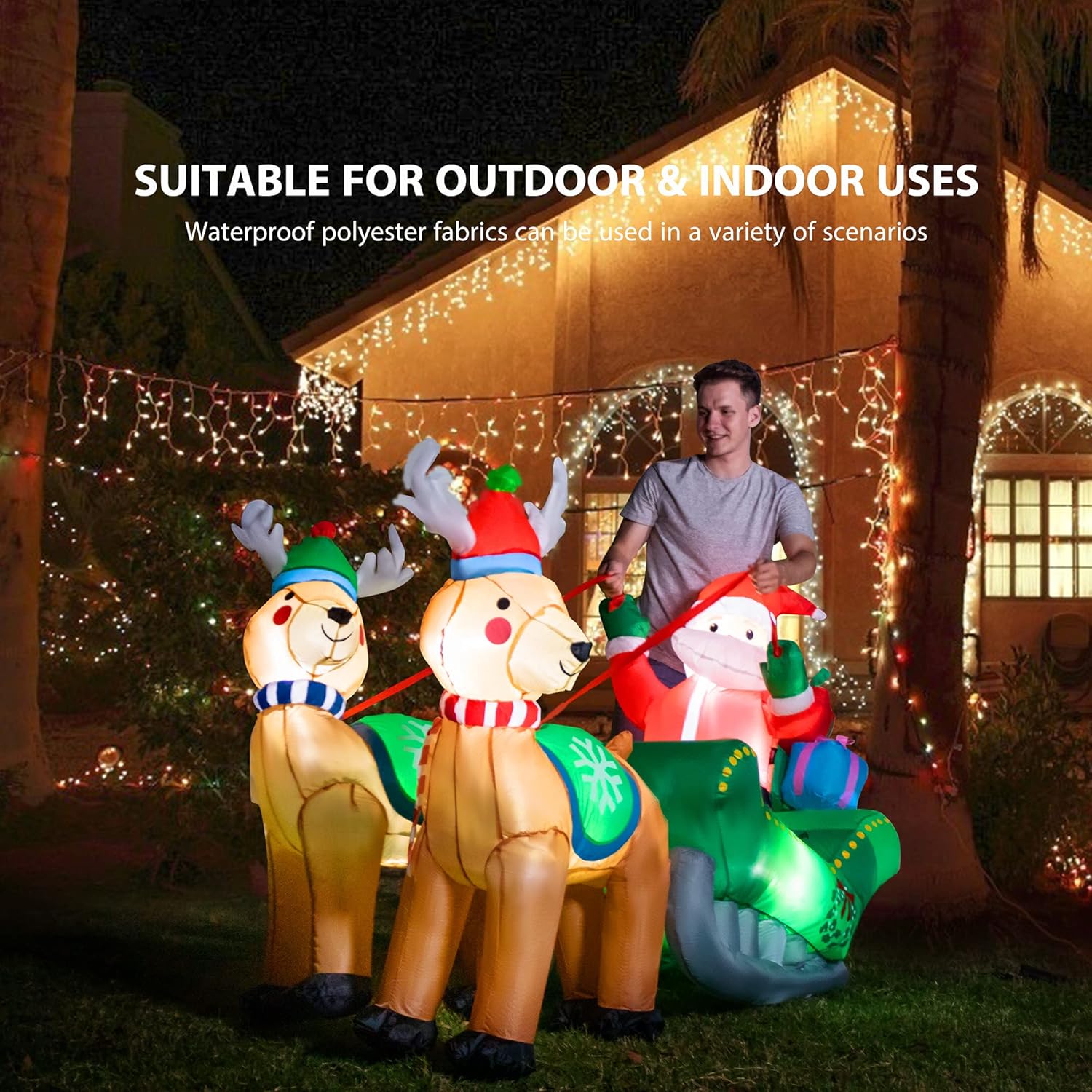 6.9ft Long Christmas Inflatable LED Lighted Santa on Green Sleigh with Reindeers and Gift Boxes Blow up Outdoor Yard Decoration M89584