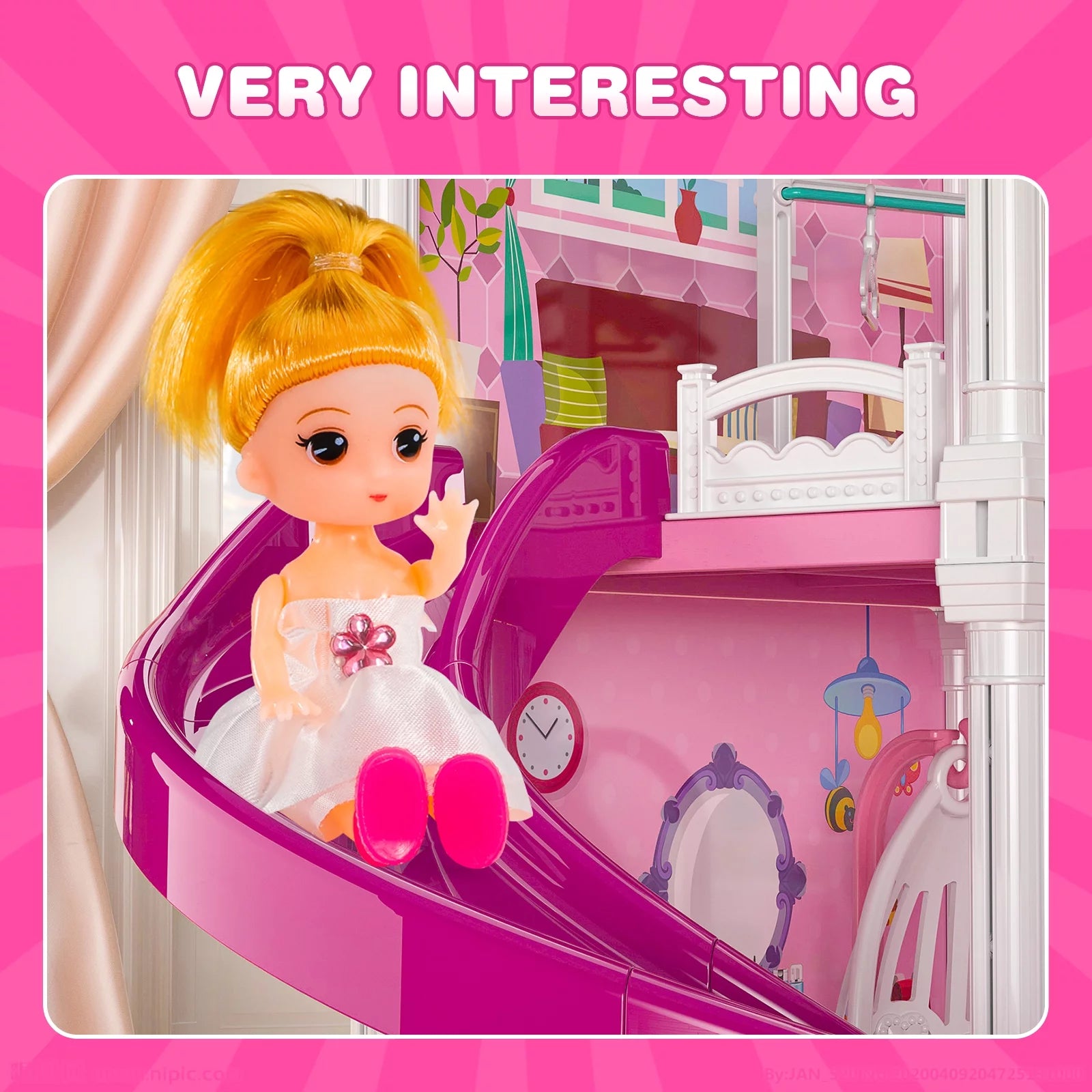 4 Stories 12 Rooms Dollhouse with 2 Princesses Slide Accessories L1679