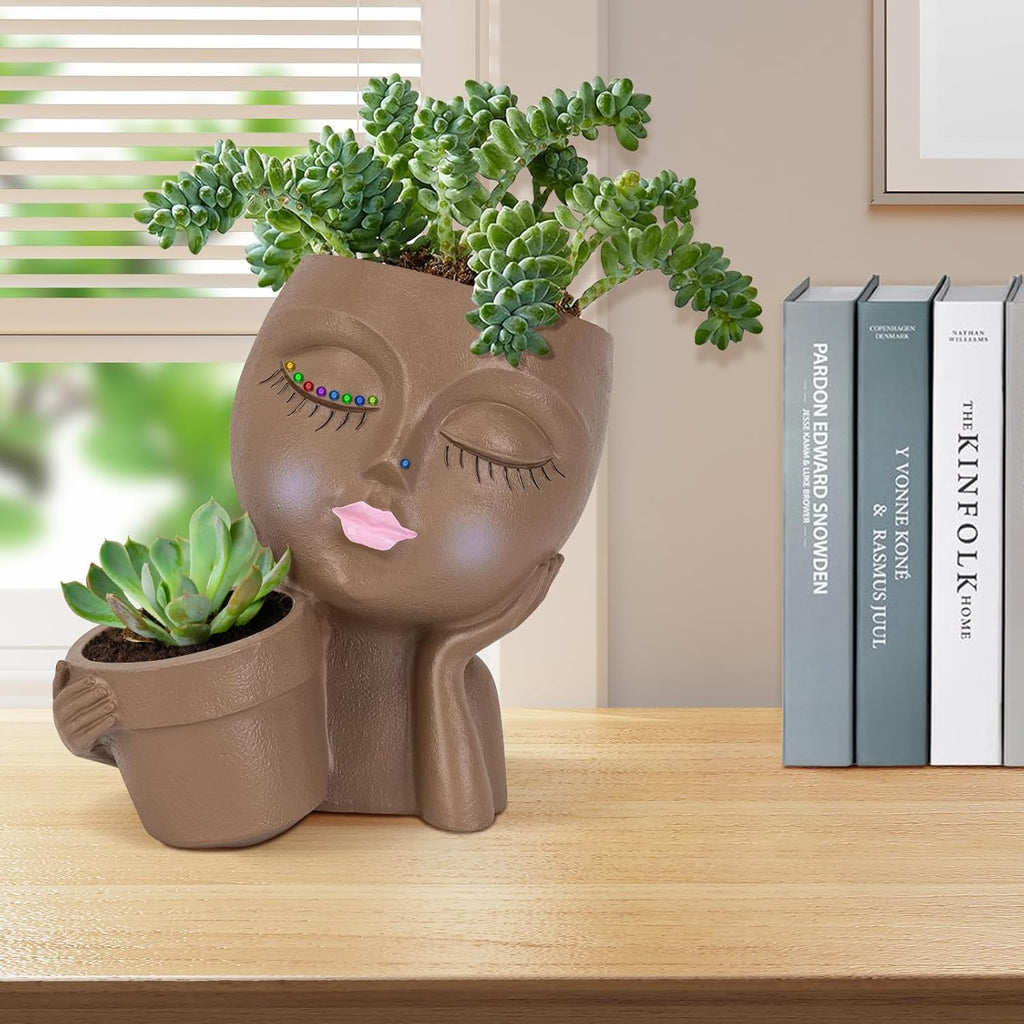 Brown Resin Face Planter Pot with Drainage Hole S799