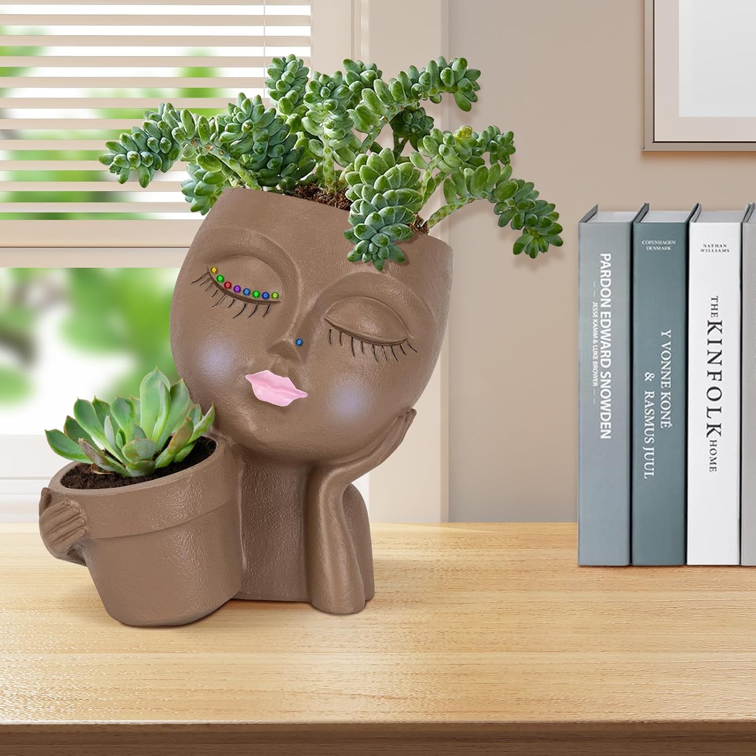 Brown Resin Face Planter Pot with Drainage Hole S799