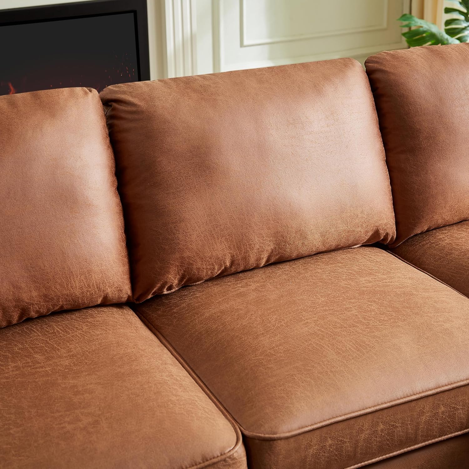 Brown L-Shape Sofa Couch with Suede Fabric H9648
