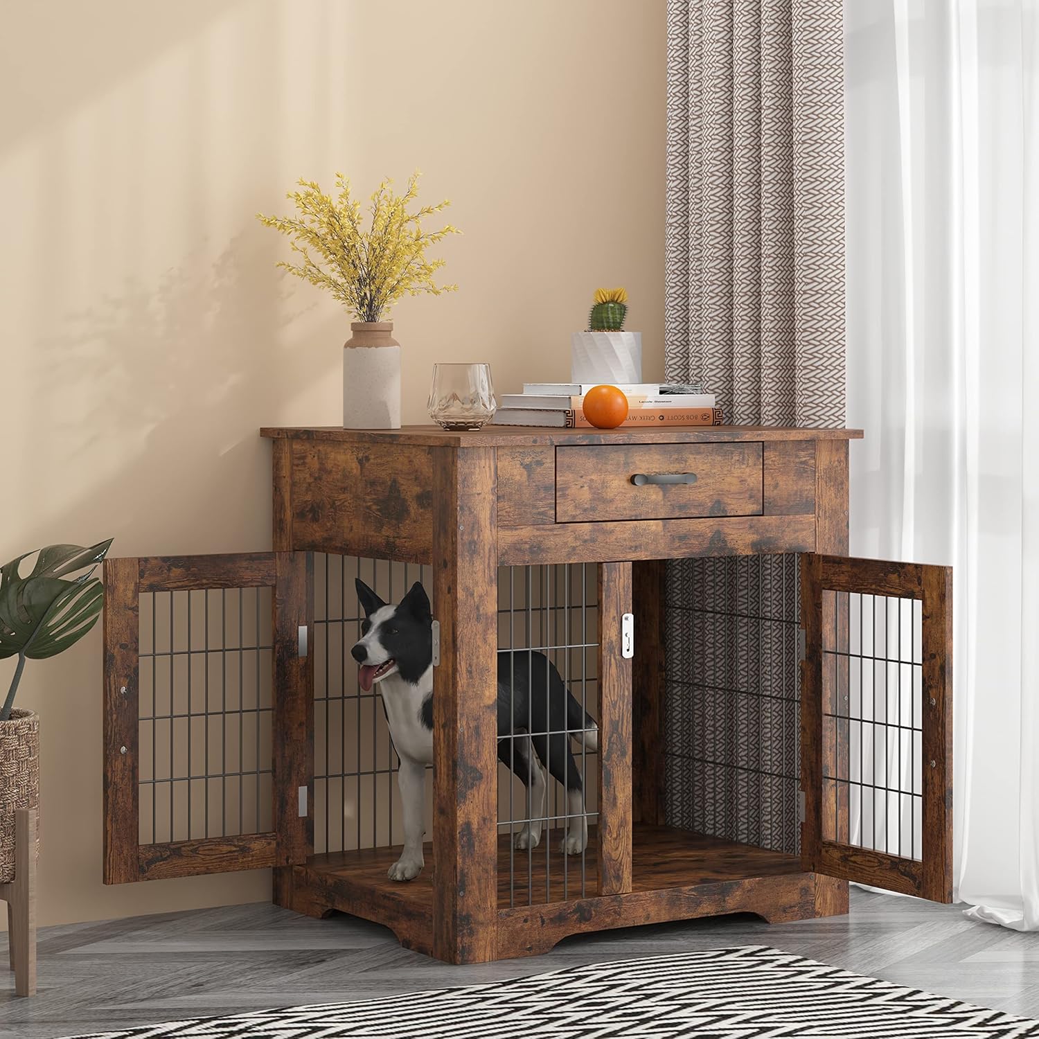 Rustic Brown Dog Crate End Table with Drawer, Double Doors, 29.92in W x 24.8in D x 30.71in H C562