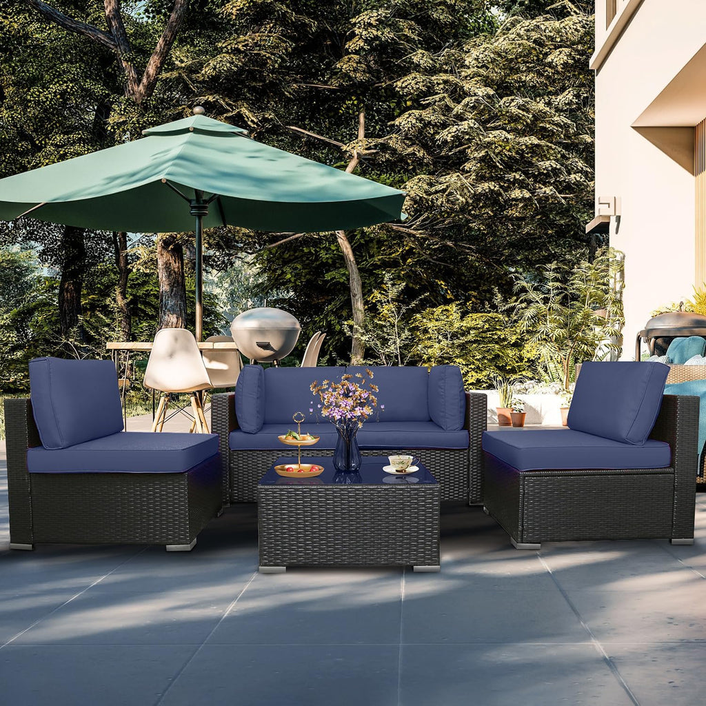 5 Piece Outdoor Rattan Sofa Set with Cushions and Tempered Glass Tea Table Y5296