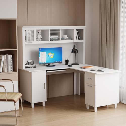 White Corner Desk with Drawers and Shelves L8599