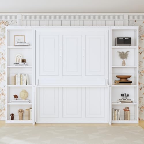 White Full Size Solid Murphy Bed with Desk and Shelves R582381