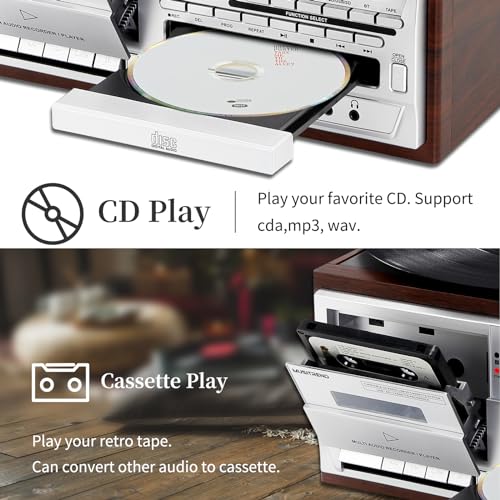 9 in 1 Record Player with Bluetooth Turntable, CD/Cassette, AM/FM Radio, USB SD/MMC, Aux-in/RCA Line Out C381088