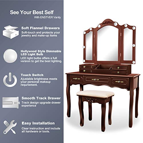 Tri-Folding Mirrors 7 Drawers Makeup Dress Table with Cushioned Stool Espresso E1890