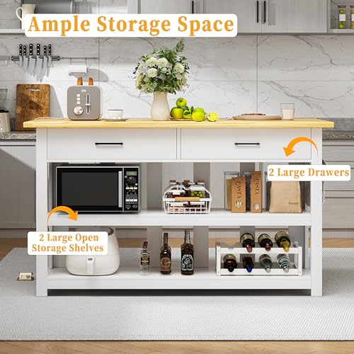 Solid Rubberwood Kitchen Island with Power Outlets, 2 Drawers & Open Shelves (Grey) J869
