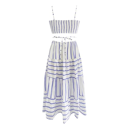 Spaghetti Strap Maxi Dress Sleeveless Side Cut Out Striped Backless Flowy Long Dresses O2984