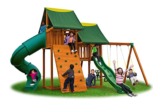 Solid Cedar Wood Swing Set with Clubhouses, Rock Wall, Spiral Slide, Swings Z4864