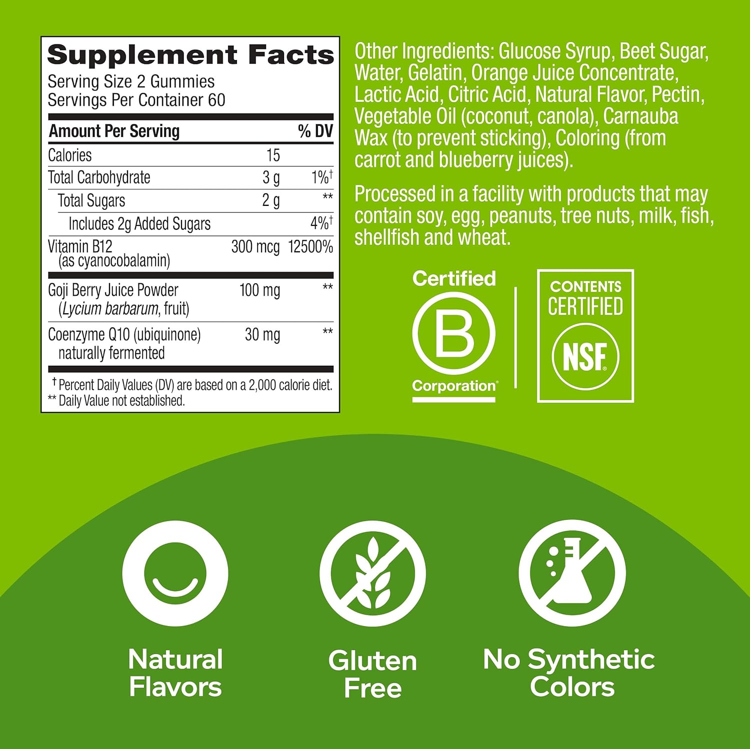 Caffeine Free Vitamin B12 CoQ10 Goji Berry Chewable Supplement - 120 Count X2742
