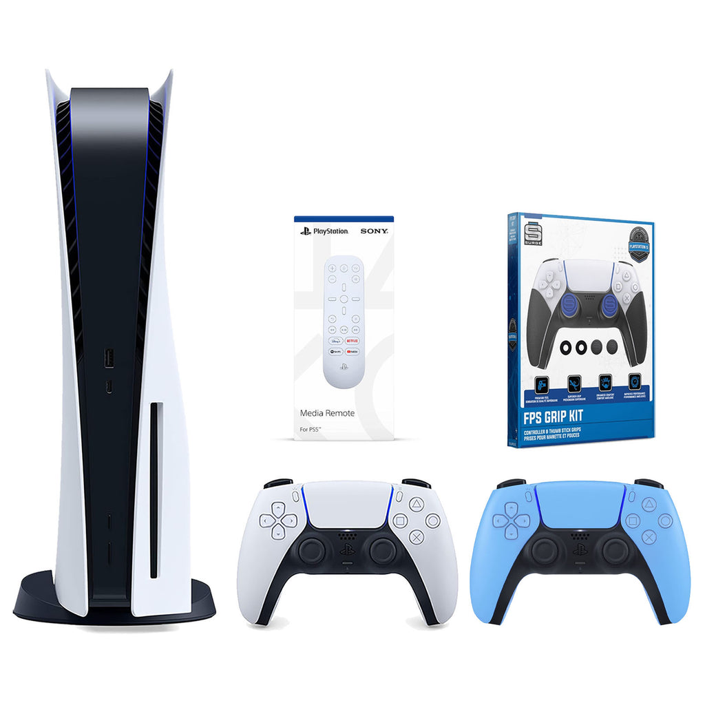 Playstation 5 Disc Version Console with Blue Controller, Media Remote and Surge FPS Grip Kit O55858