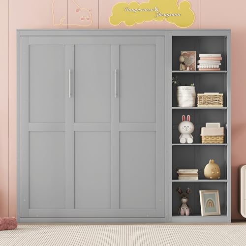 Full Murphy Bed with Storage Bookcase Shelves, Wood Folding Grey Wall Bed Cabinet B589
