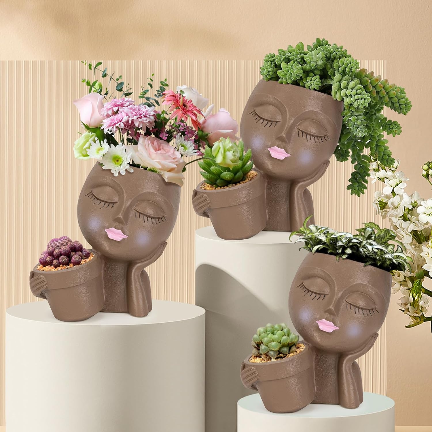 Brown Resin Face Planter Pot with Drainage Hole S799