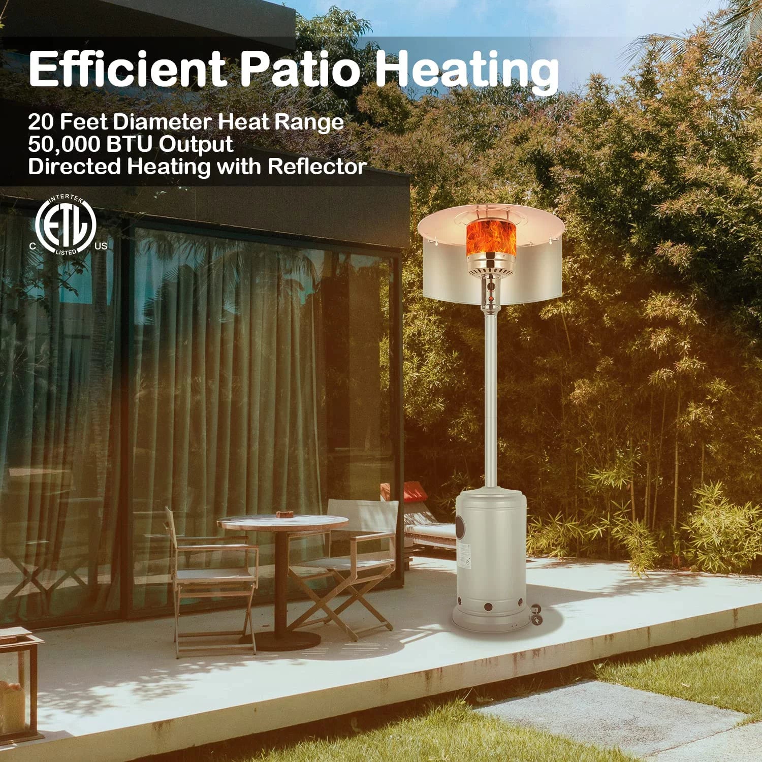 50,000 BTU Propane Patio Heater with Reflector, Stainless Steel Burner, Wheels, Silver P937