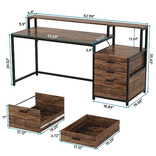 63 Inch Computer Desk with File Drawer Cabinet and Monitor Stand D382391