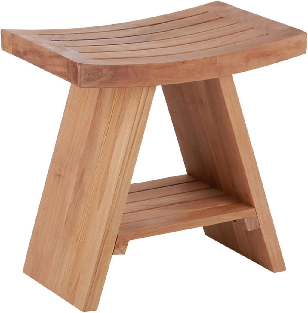 Teak Wood Shower Bench 17.7" Natural Finish Curved Seat R360874