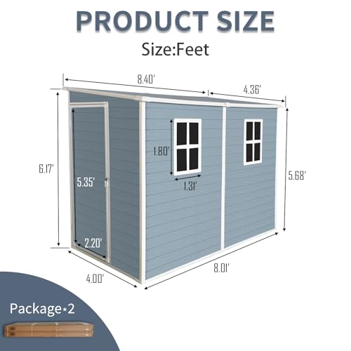 4x8 ft Grey Resin Storage Shed with Floor and 2 Windows R52692