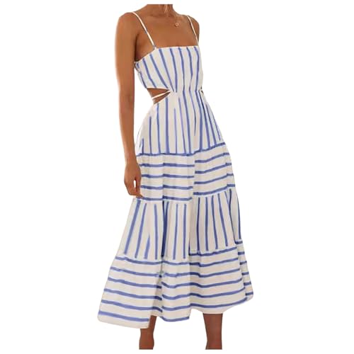 Spaghetti Strap Maxi Dress Sleeveless Side Cut Out Striped Backless Flowy Long Dresses O2984