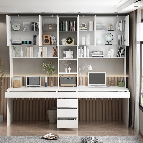 White 94.5" L Computer Desk with 6 Drawers, 15 Shelves & 6 Doors L274