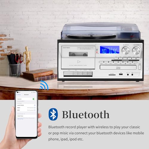 9 in 1 Record Player with Bluetooth Turntable, CD/Cassette, AM/FM Radio, USB SD/MMC, Aux-in/RCA Line Out C381088