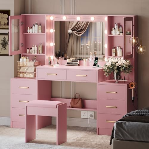 White Makeup Vanity Desk with Mirror & Lights and 5 Drawers D284257