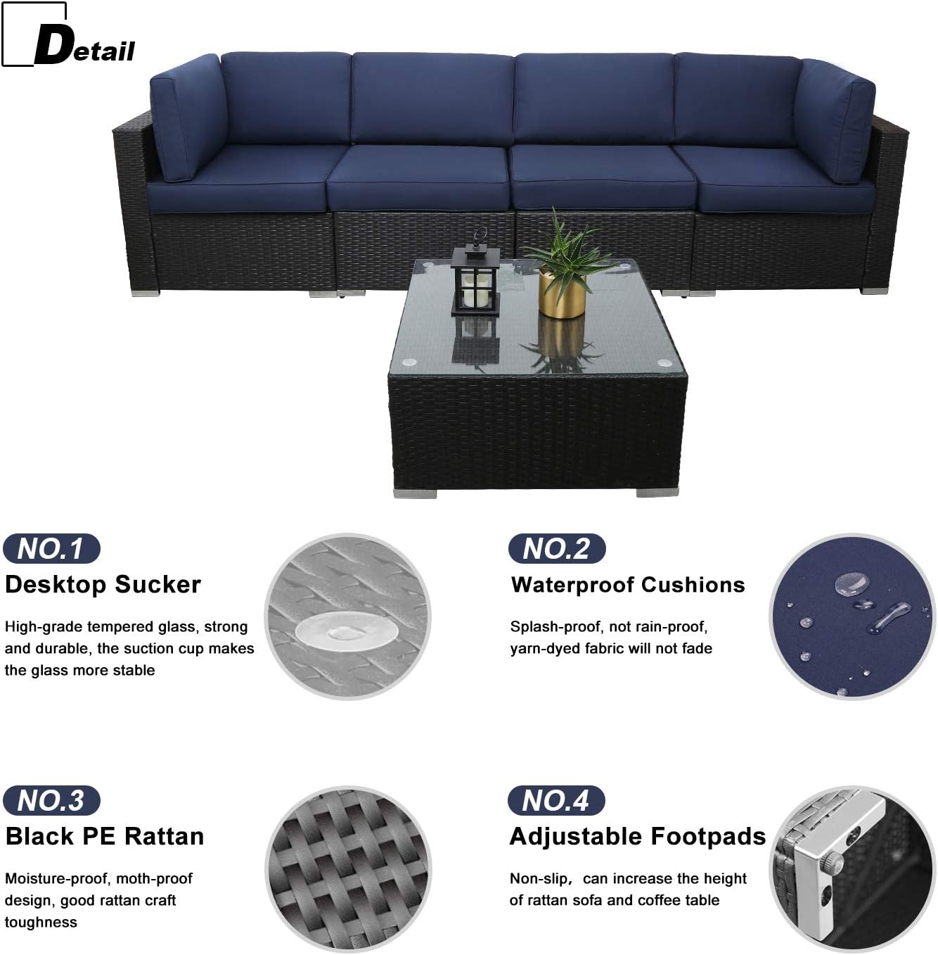 5 Piece Outdoor Rattan Sofa Set with Cushions and Tempered Glass Tea Table Y5296