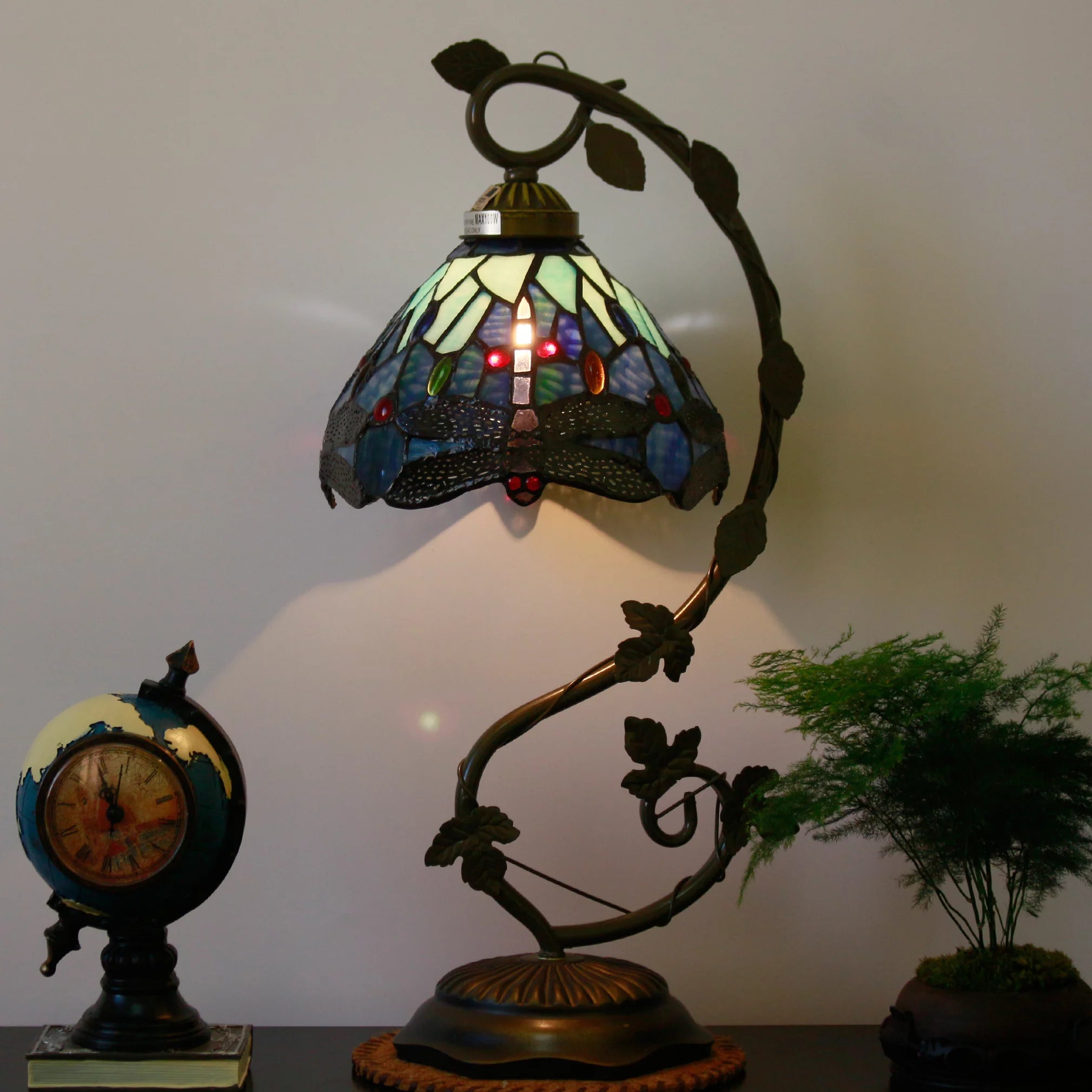 Blue Dragonfly Stained Glass Table Lamp with Metal Leaf Base H738