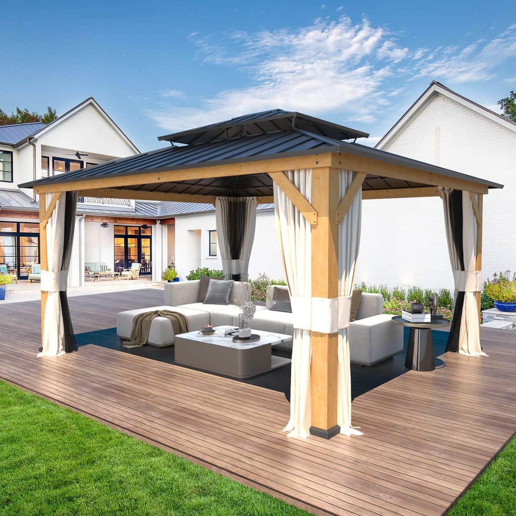 13'x15' Wood Gazebo with Netting and Curtains B3676