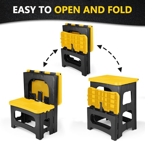 Folding 2-Step Stool, Non-Slip Portable Footstool 8" & 17" Dual Heights, Holds 300 lbs (Yellow) J4065