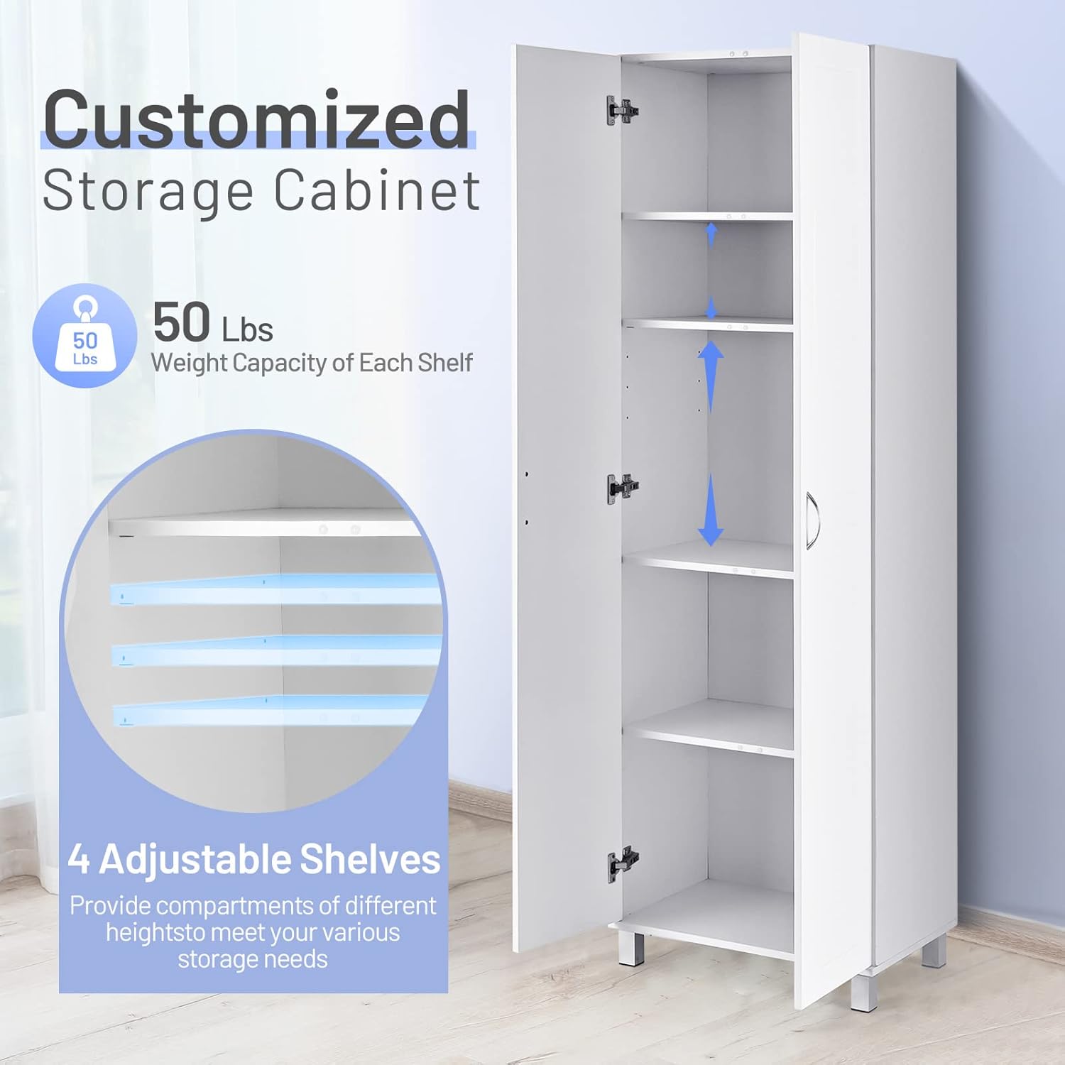 White 2-Door Tall Storage Cabinet with 5 Shelves W27896