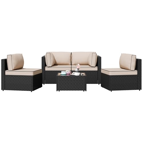 5 Pieces PE Wicker Outdoor Sectional Sofa with Glass Coffee Table K5411